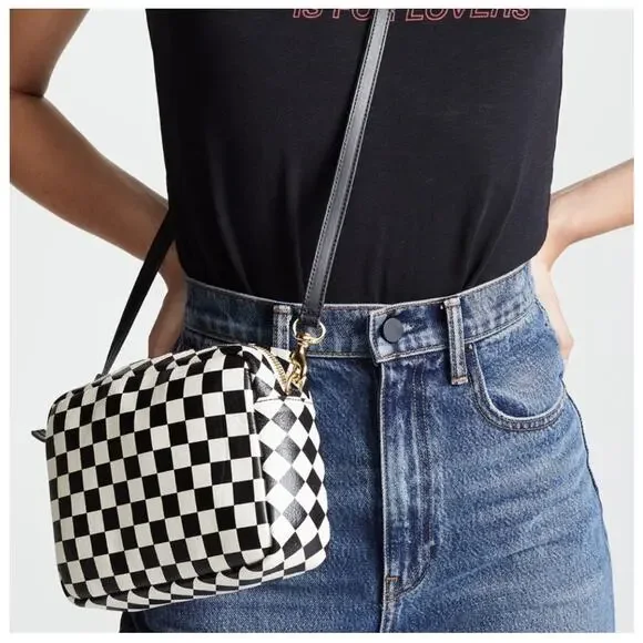 Clare V. Midi Sac Bag Checkered Crossbody Bag Purse Small Black and White - Picture 3 of 12